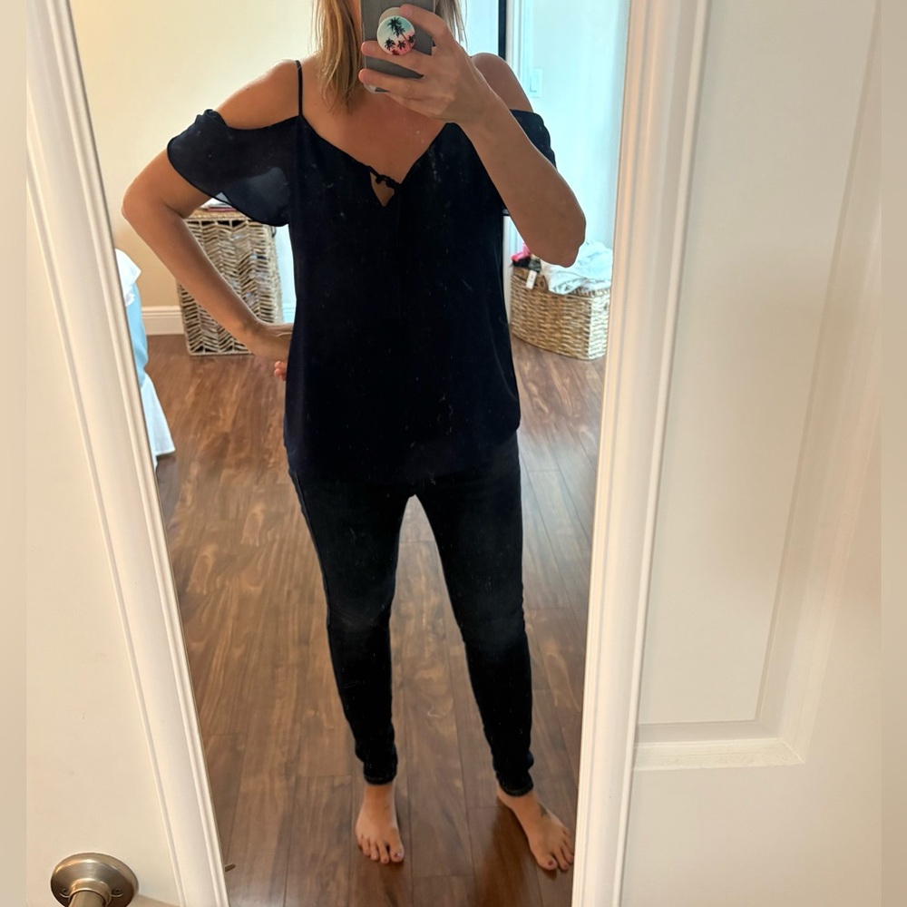 Naked Zebra Navy Cold Shoulder Top